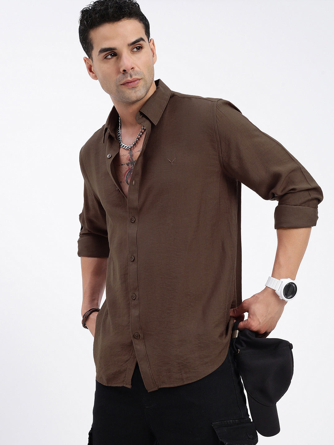 Men Solid Brown Slim Fit Shirt