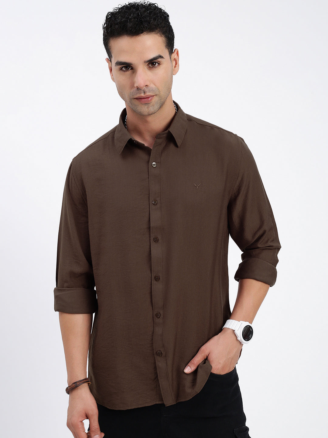 Men Solid Brown Slim Fit Shirt