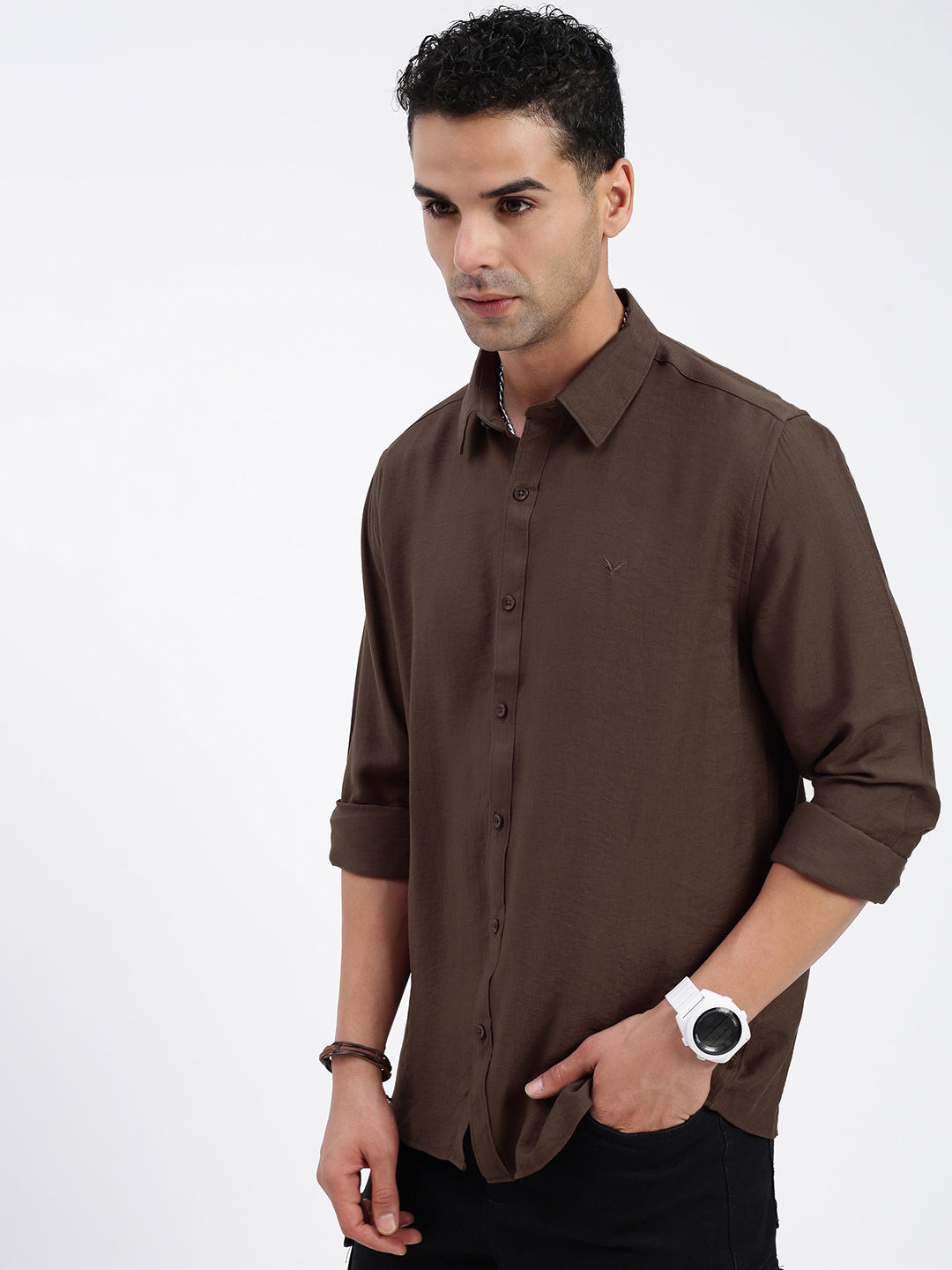 Men Solid Brown Slim Fit Shirt