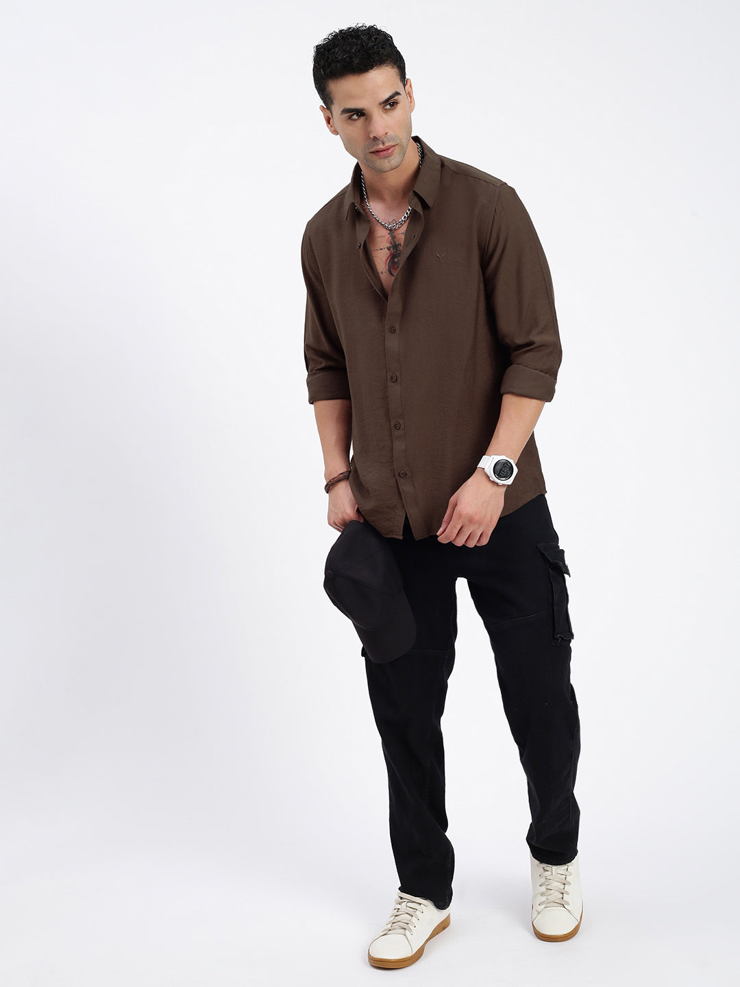 Men Solid Brown Slim Fit Shirt