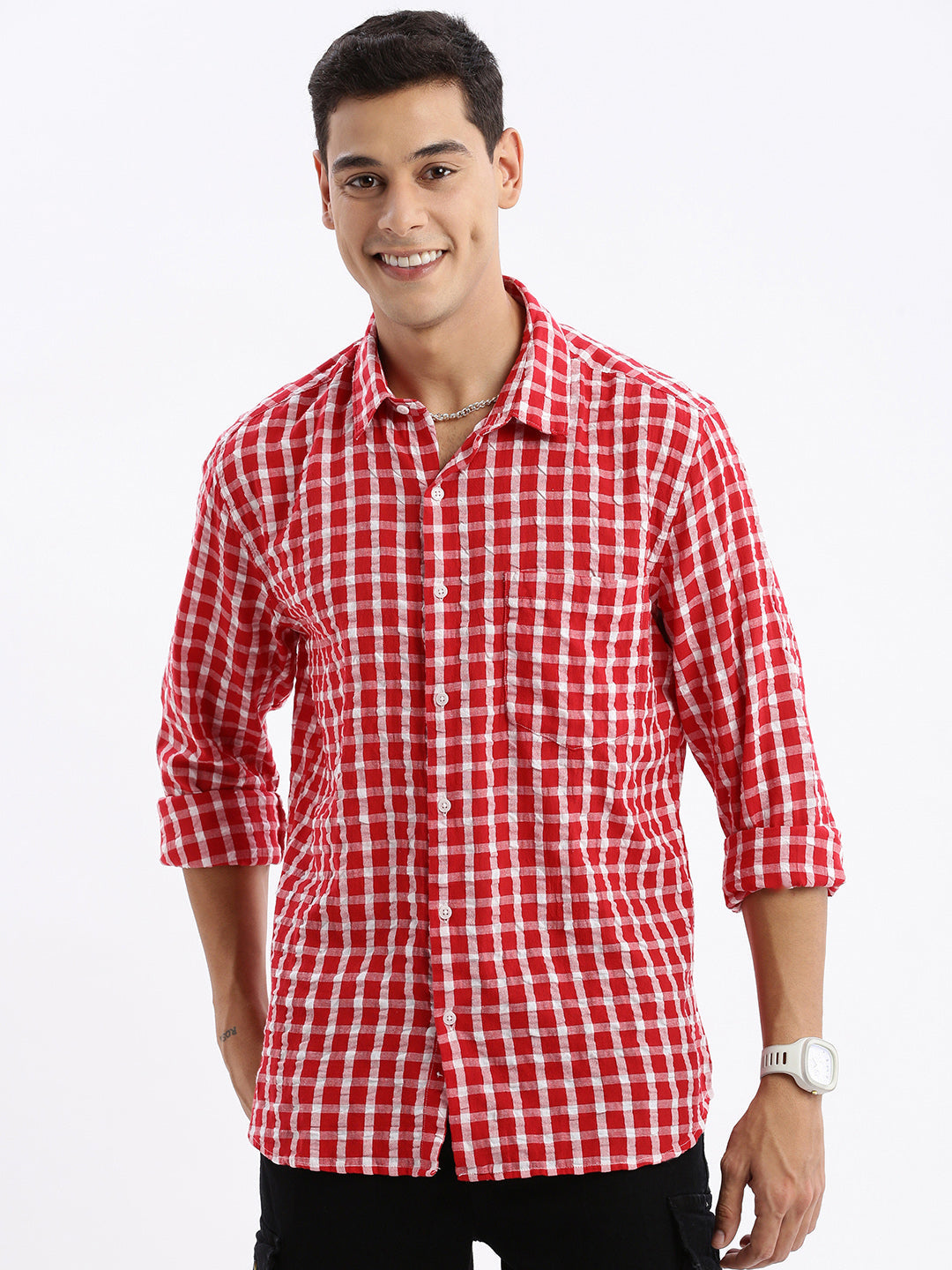 Men Spread Collar Checked Slim Fit Red Shirt