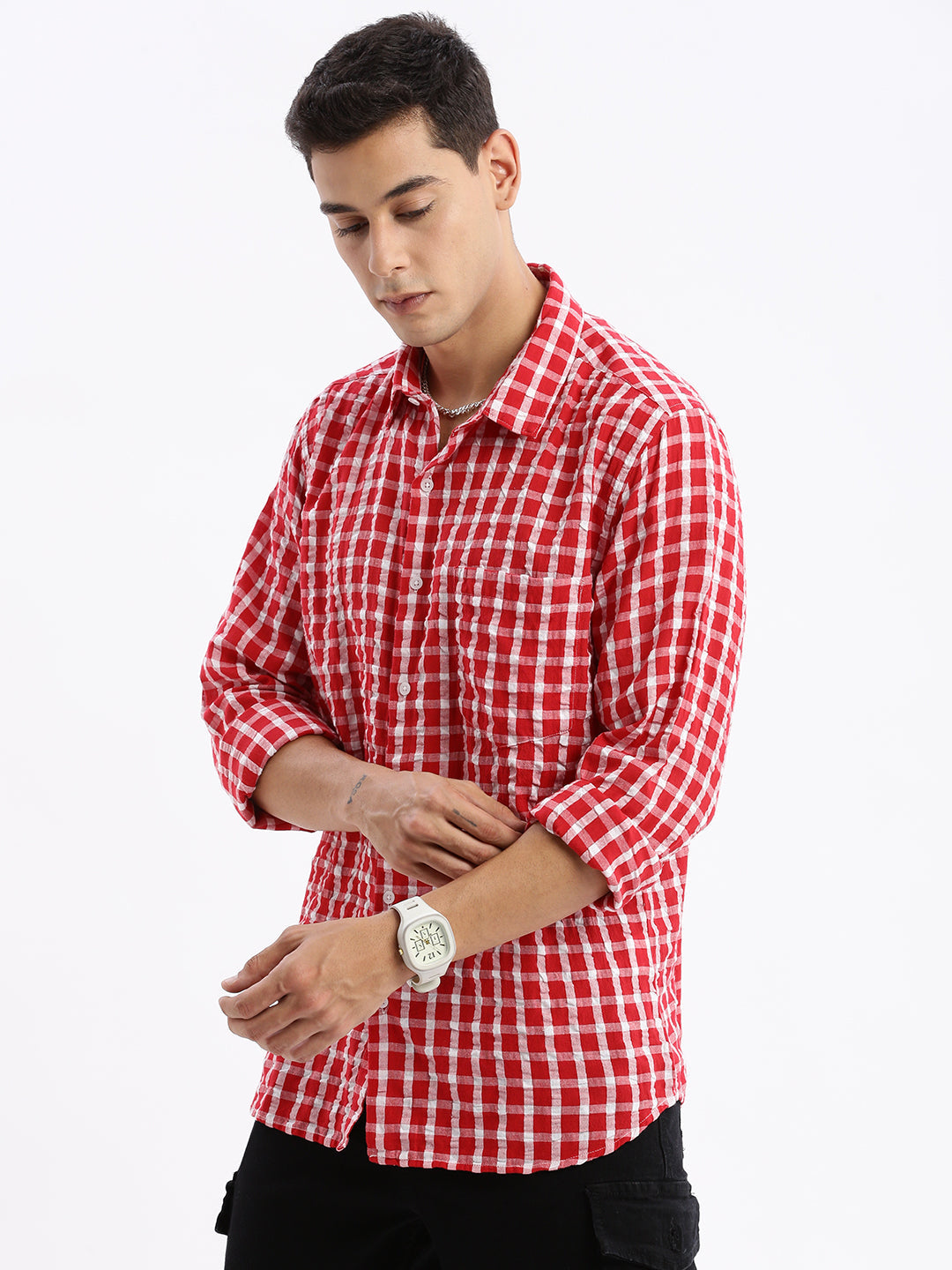 Men's Red Standard Slim Fit Gingham Checked Cotton Casual Shirt
