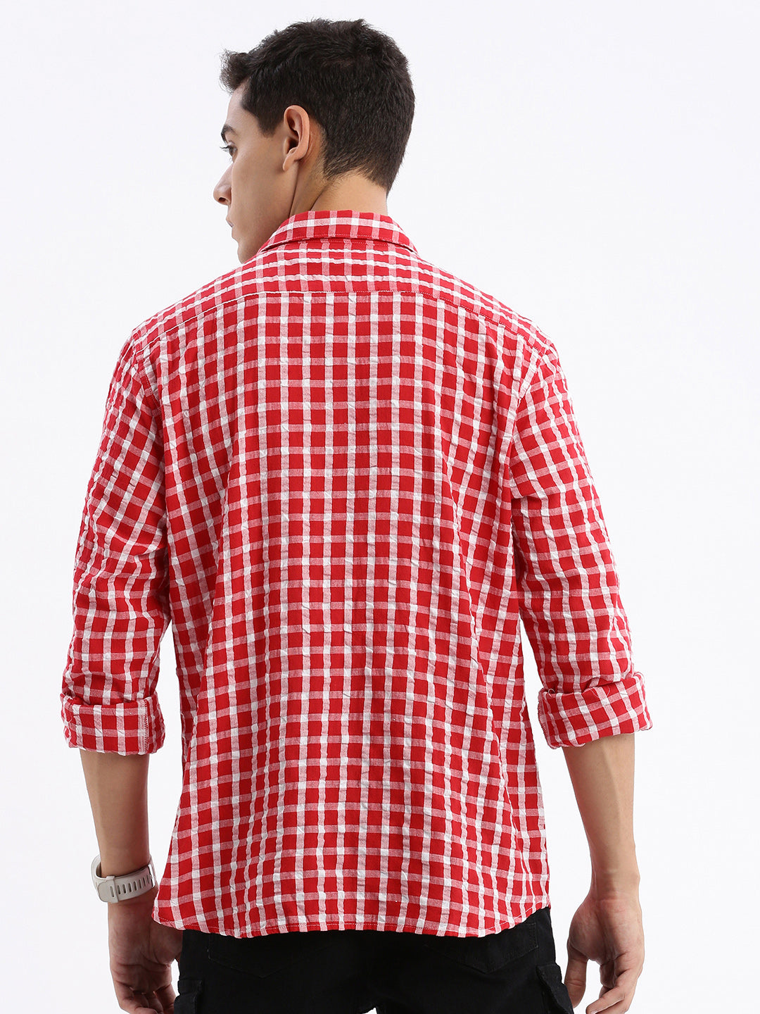 Men's Red Standard Slim Fit Gingham Checked Cotton Casual Shirt