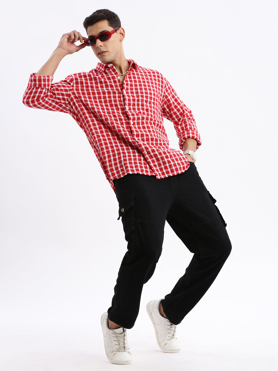 Men's Red Standard Slim Fit Gingham Checked Cotton Casual Shirt