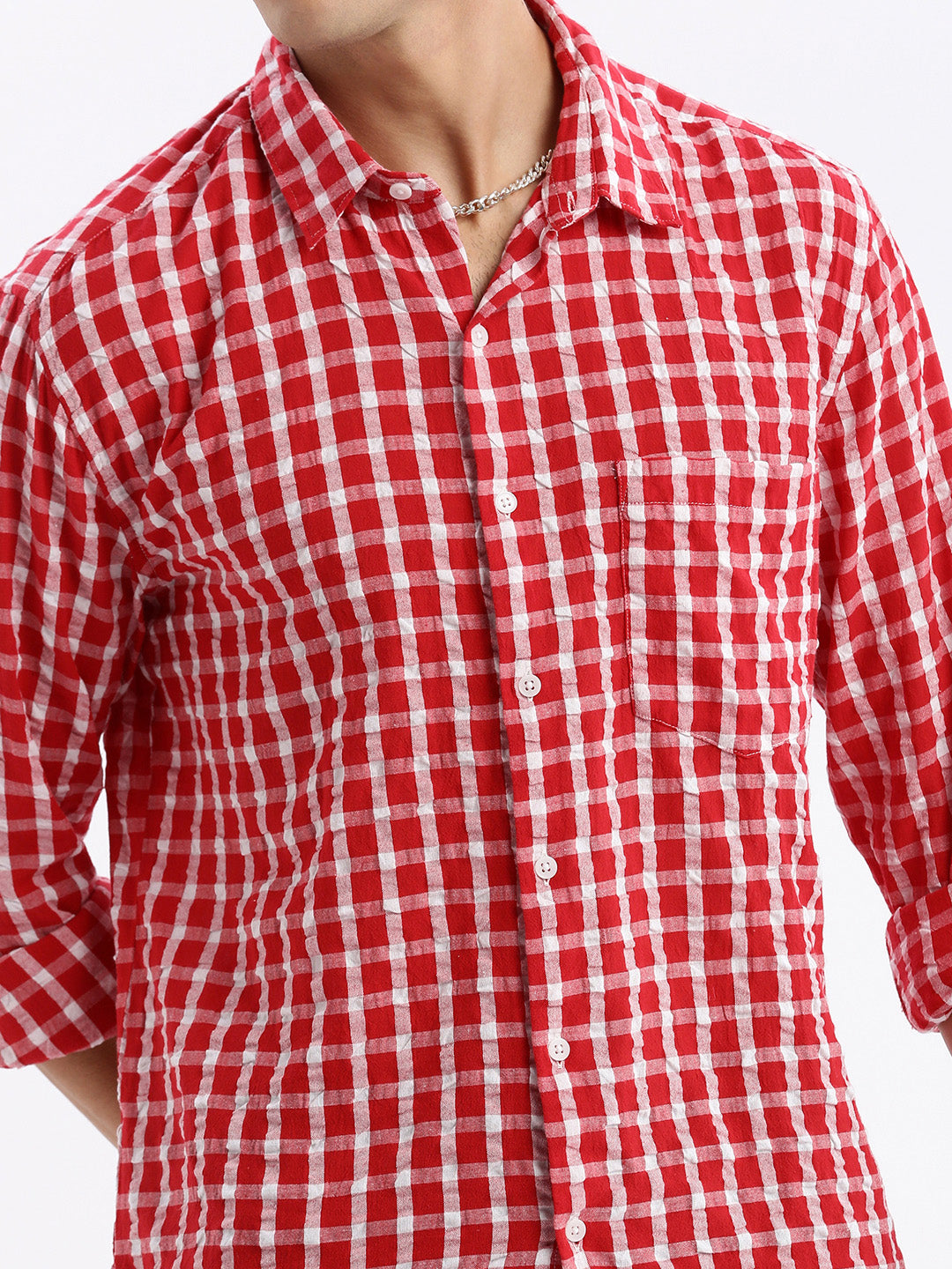 Men's Red Standard Slim Fit Gingham Checked Cotton Casual Shirt