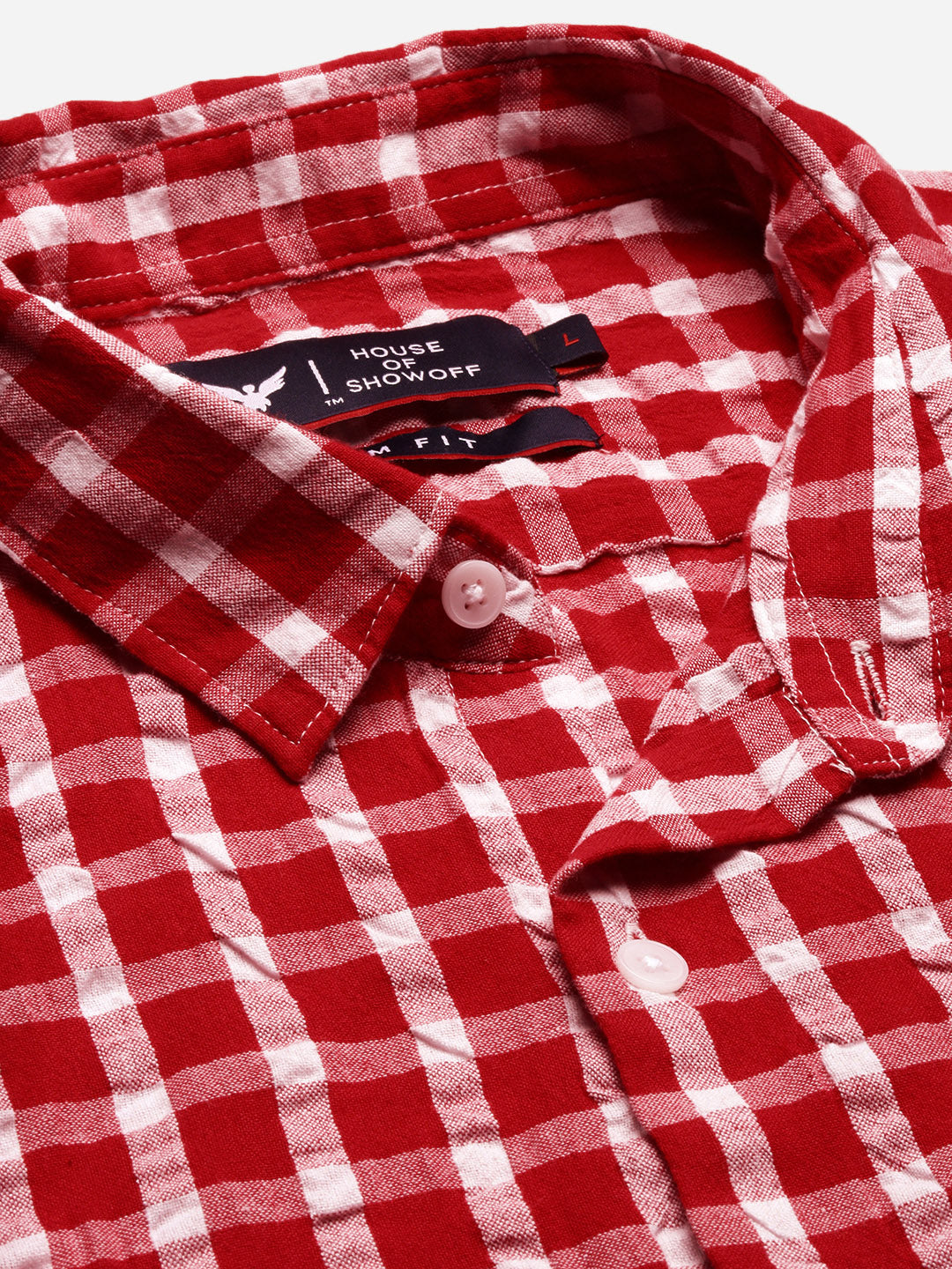 Men's Red Standard Slim Fit Gingham Checked Cotton Casual Shirt