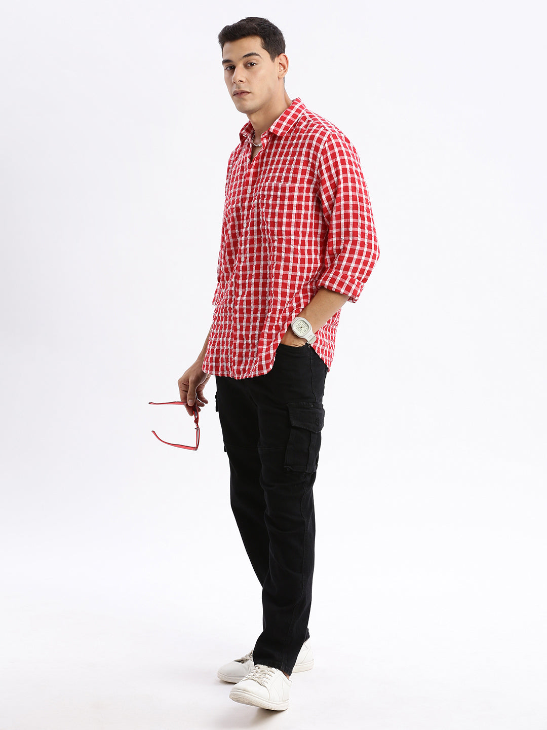 Men's Red Standard Slim Fit Gingham Checked Cotton Casual Shirt