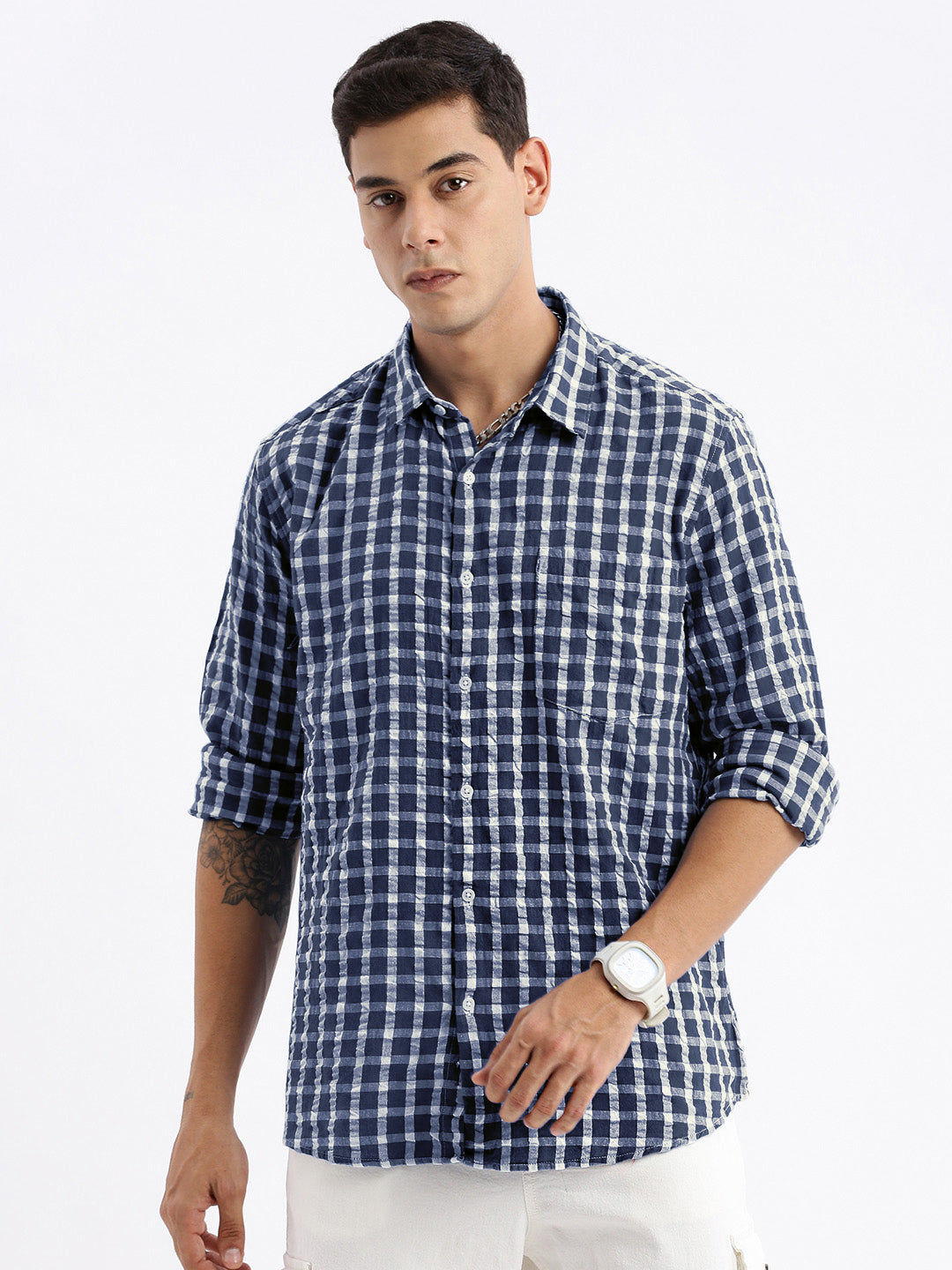 Men's Checked Navy Blue Slim Fit Shirt
