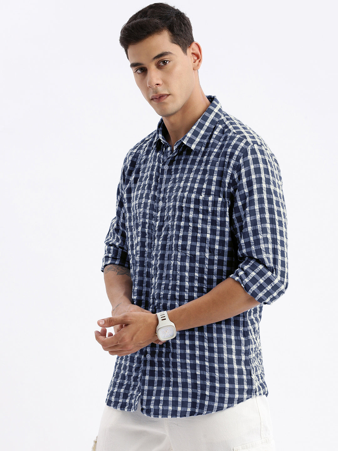 Men's Checked Navy Blue Slim Fit Shirt