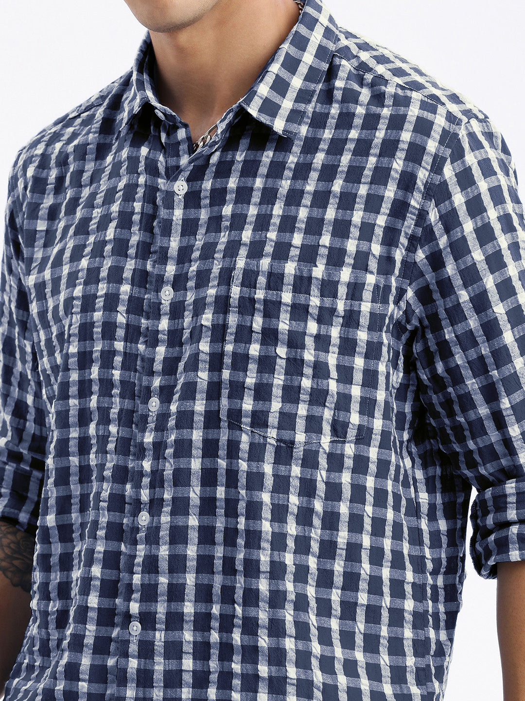 Men's Checked Navy Blue Slim Fit Shirt