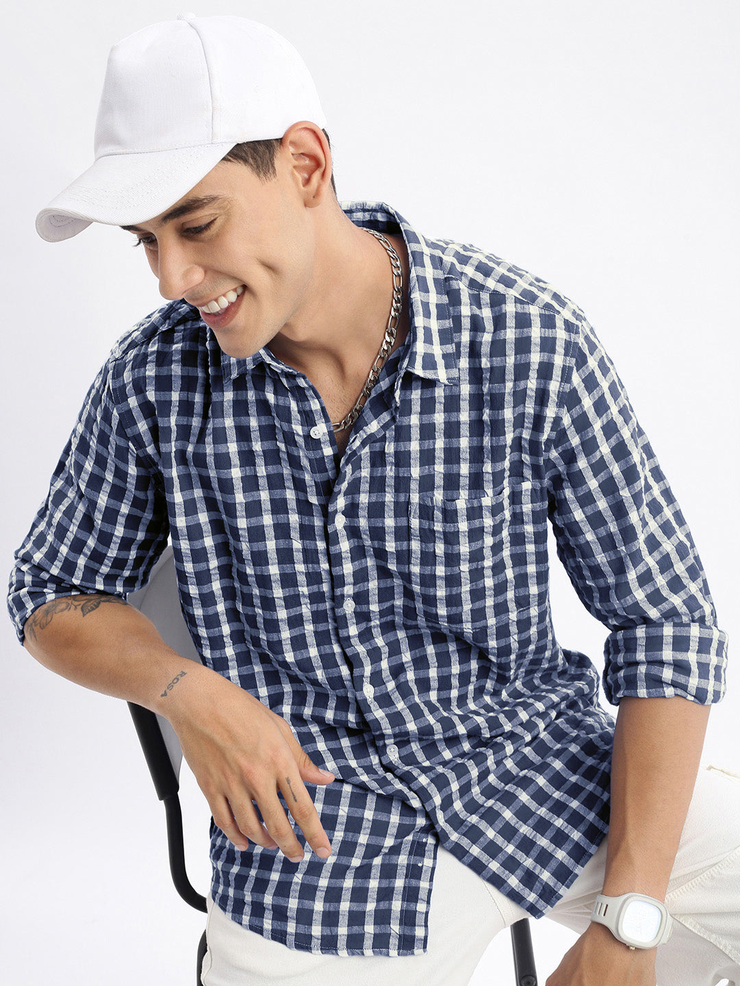 Men's Checked Navy Blue Slim Fit Shirt