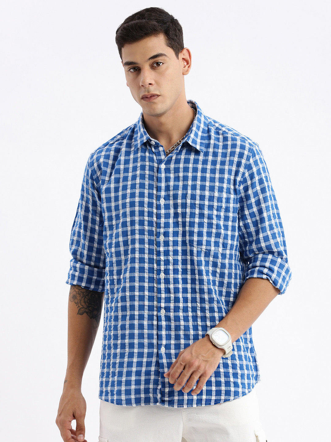 Men Spread Collar Checked Slim Fit Blue Shirt