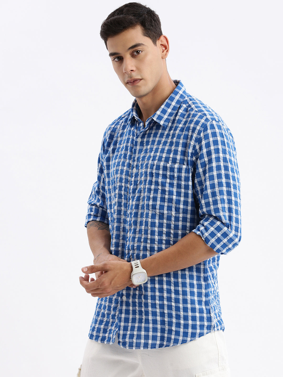 Men Spread Collar Checked Slim Fit Blue Shirt