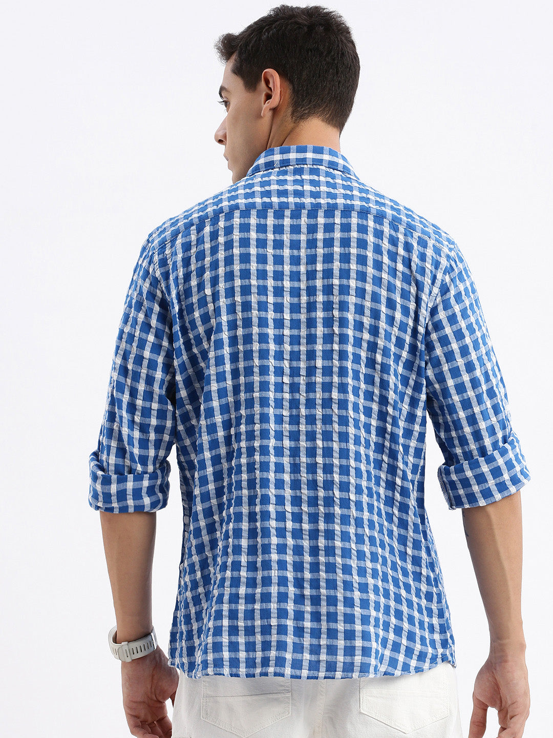 Men Spread Collar Checked Slim Fit Blue Shirt