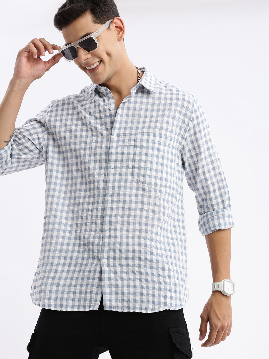 Men Spread Collar Checked Slim Fit Grey Shirt