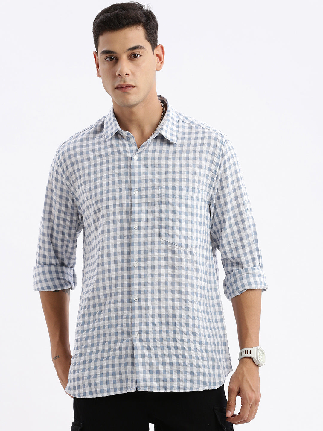 Men Spread Collar Checked Slim Fit Grey Shirt