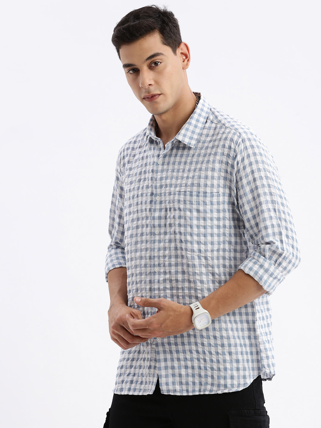 Men Spread Collar Checked Slim Fit Grey Shirt