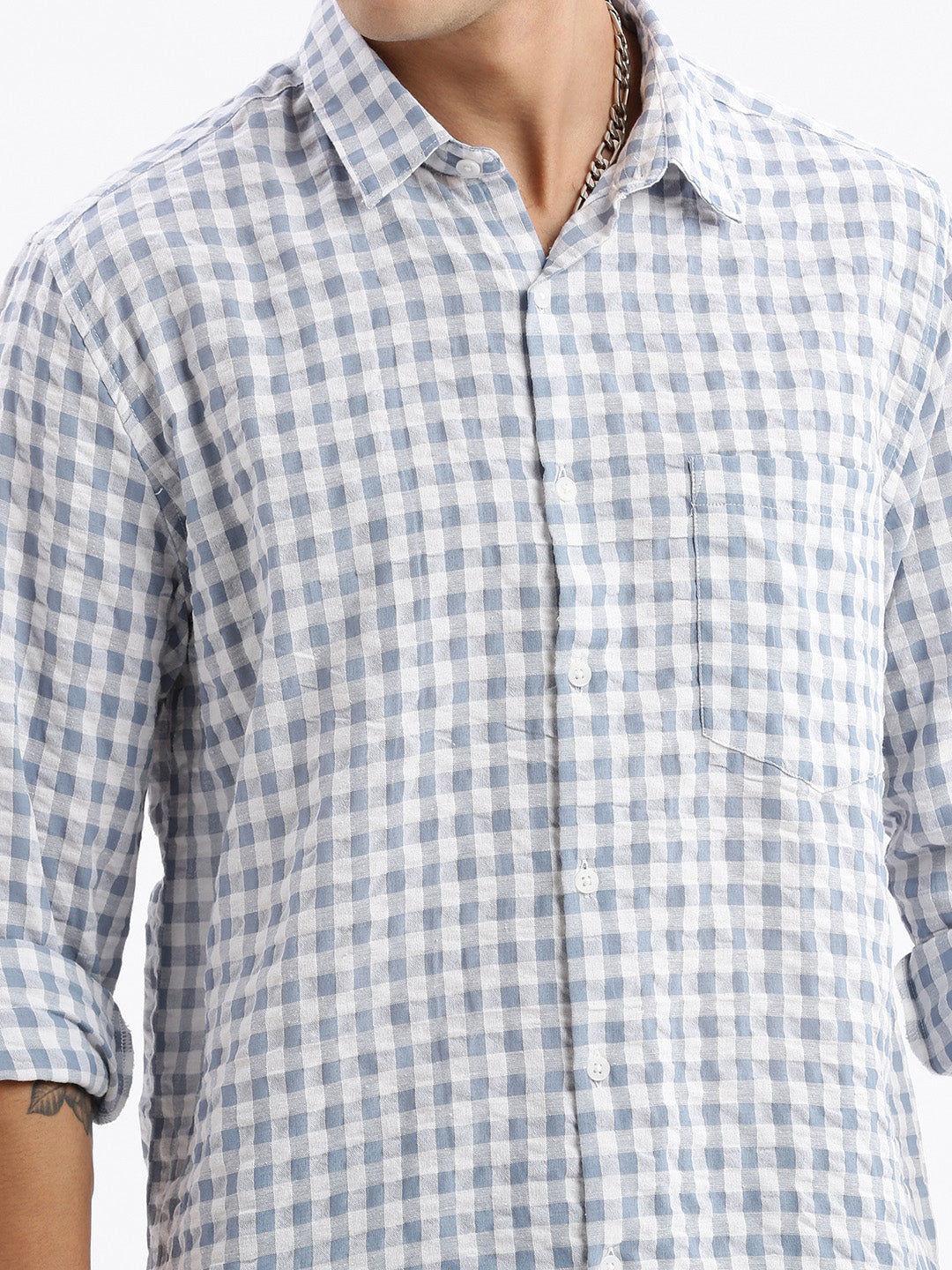 Men Spread Collar Checked Slim Fit Grey Shirt