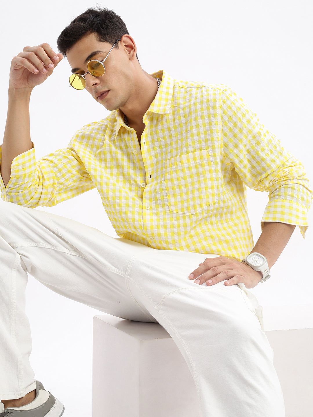 Men Spread Collar Checked Slim Fit Yellow Shirt