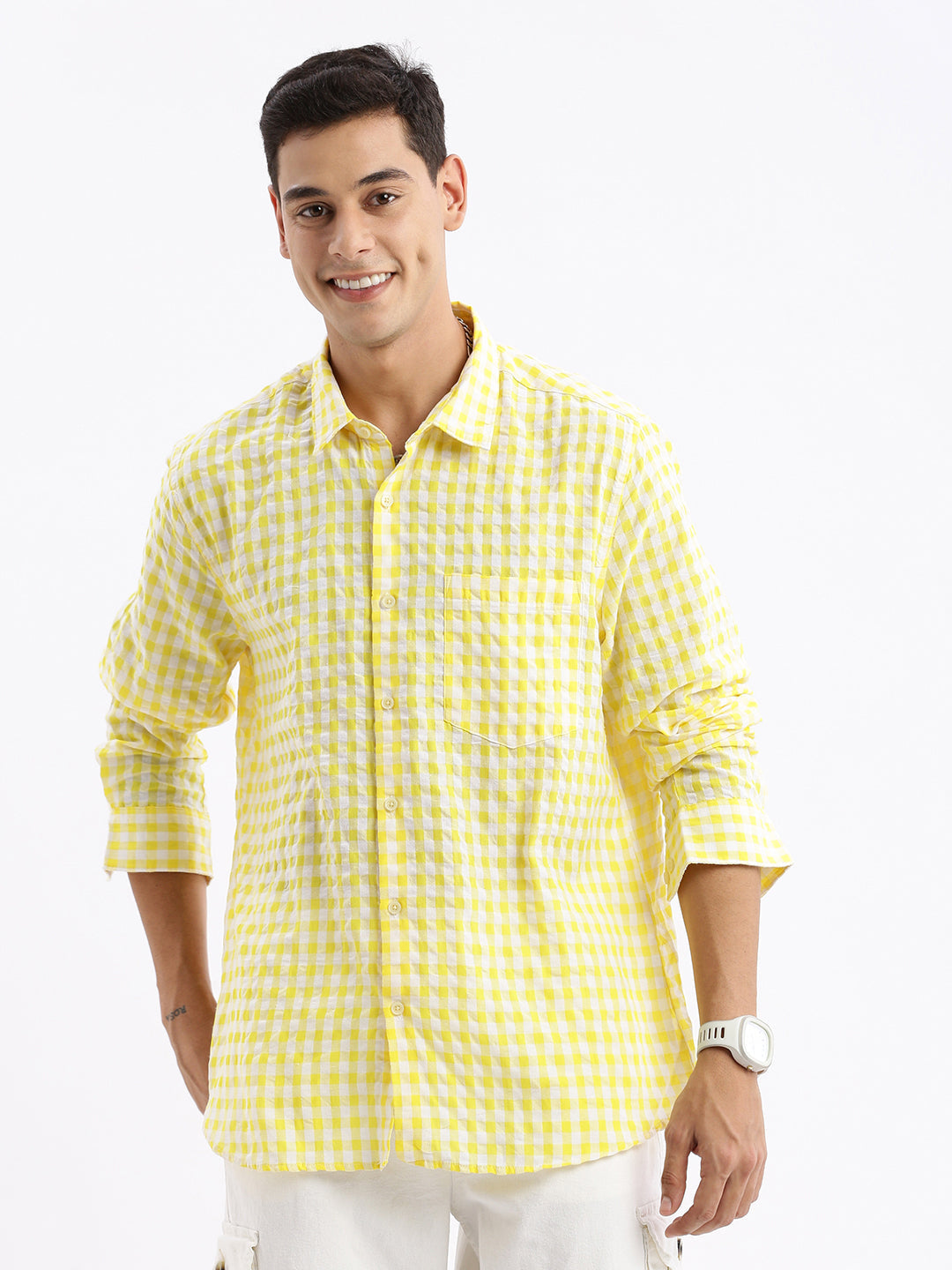 Men Spread Collar Checked Slim Fit Yellow Shirt