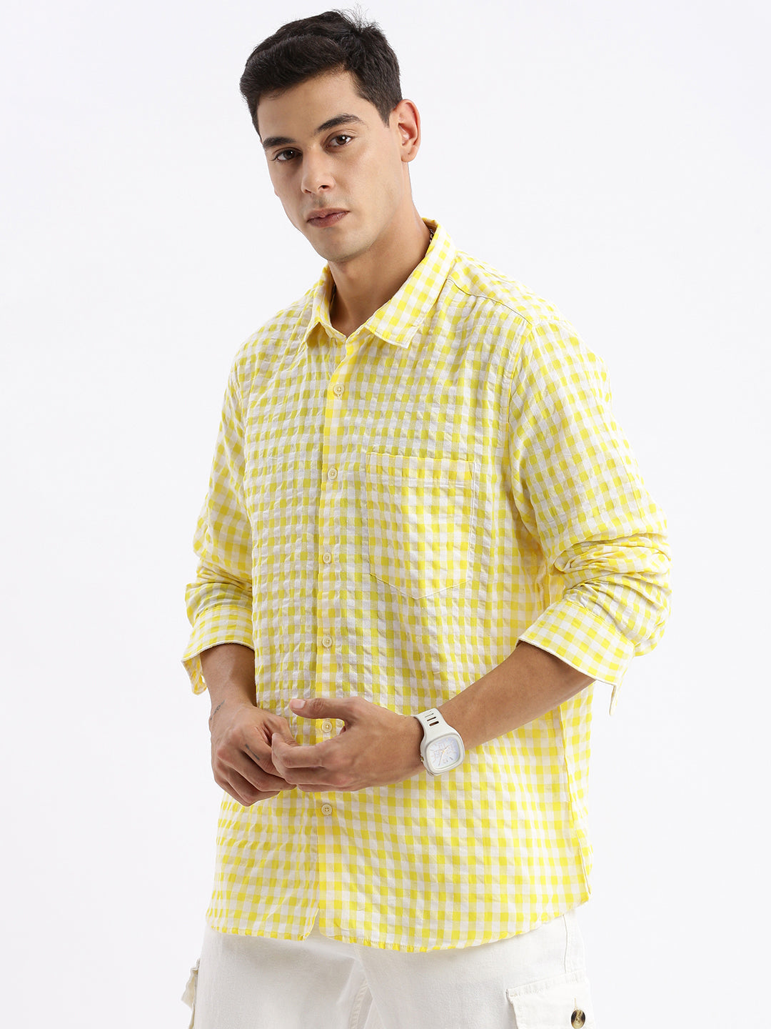 Men Spread Collar Checked Slim Fit Yellow Shirt