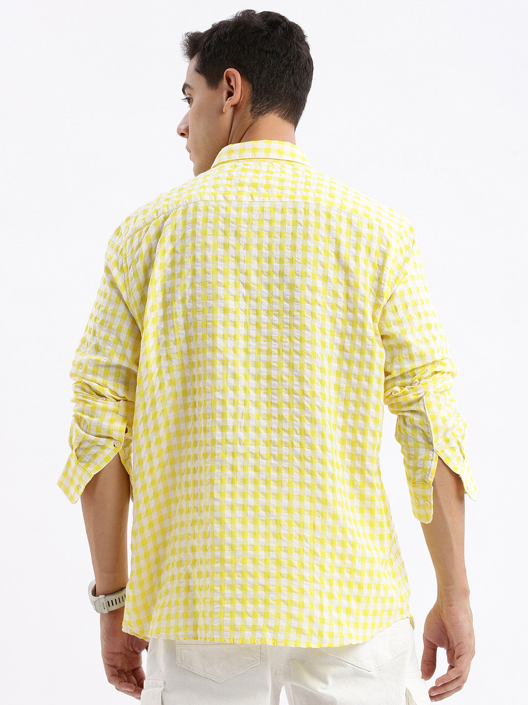 Men Spread Collar Checked Slim Fit Yellow Shirt