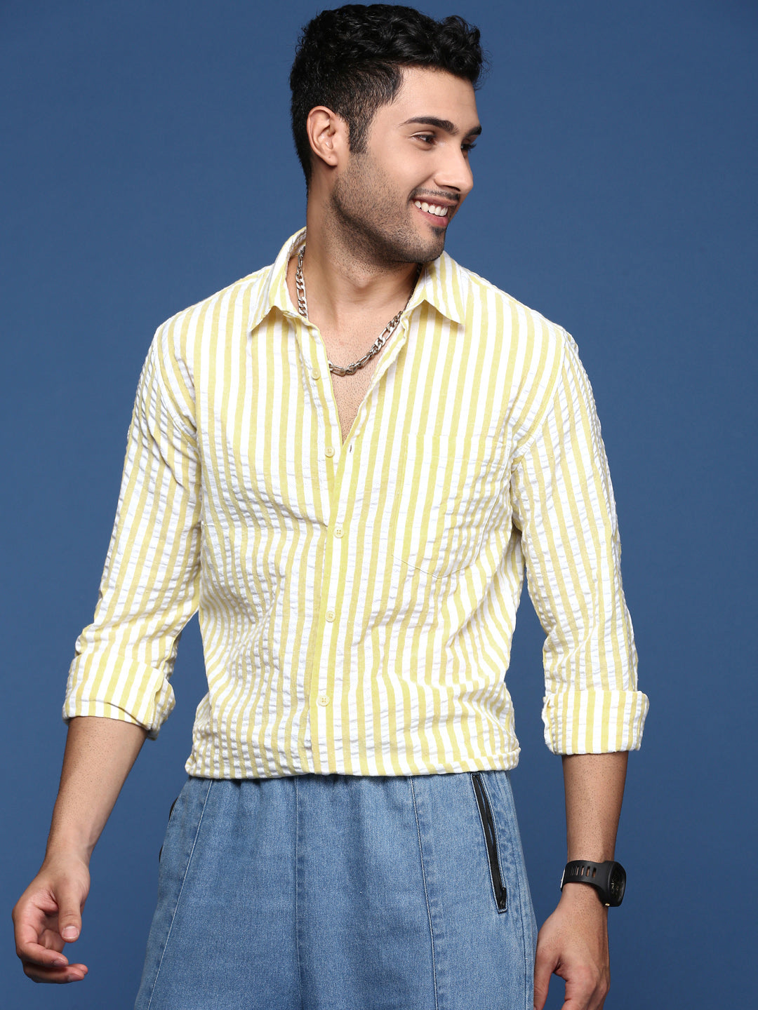 Men Striped Yellow Slim Fit Shirt