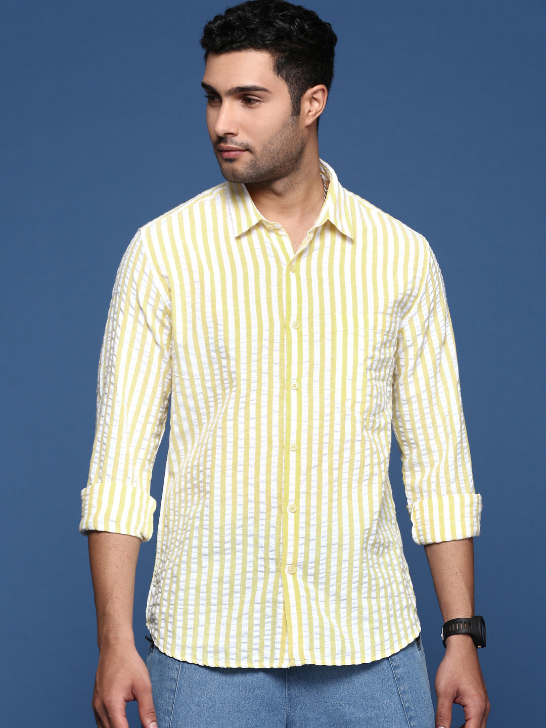 Men Striped Yellow Slim Fit Shirt