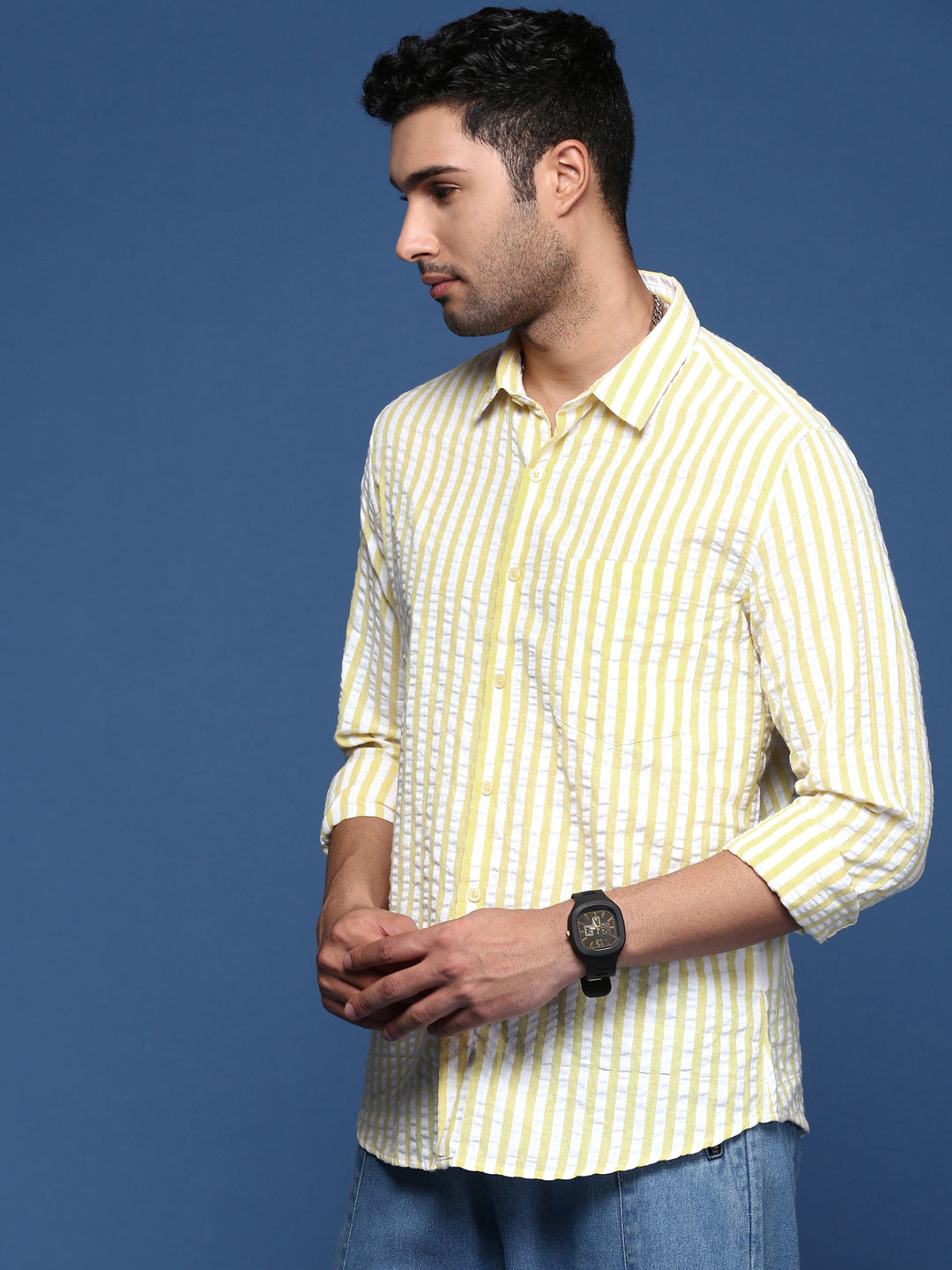 Men Striped Yellow Slim Fit Shirt