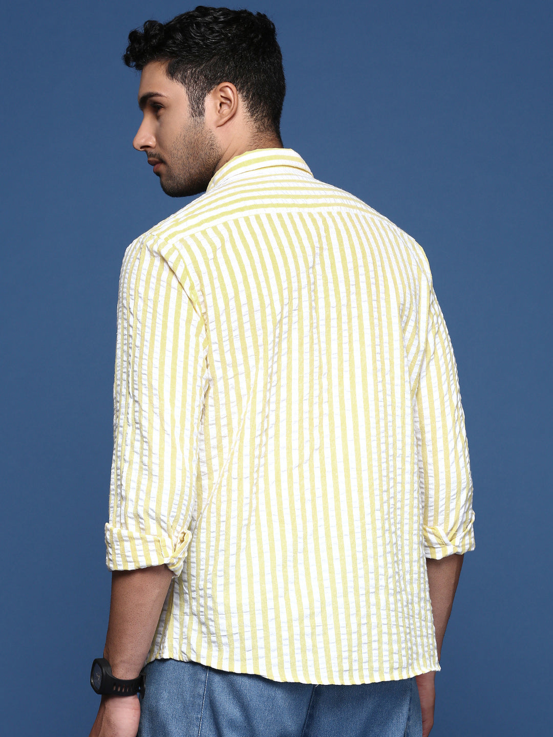 Men Striped Yellow Slim Fit Shirt