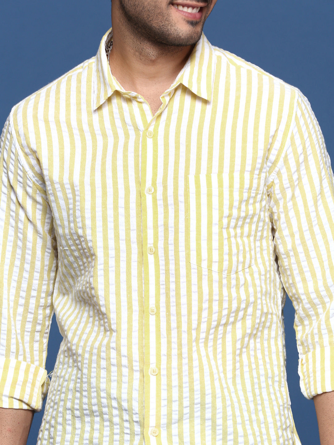 Men Striped Yellow Slim Fit Shirt