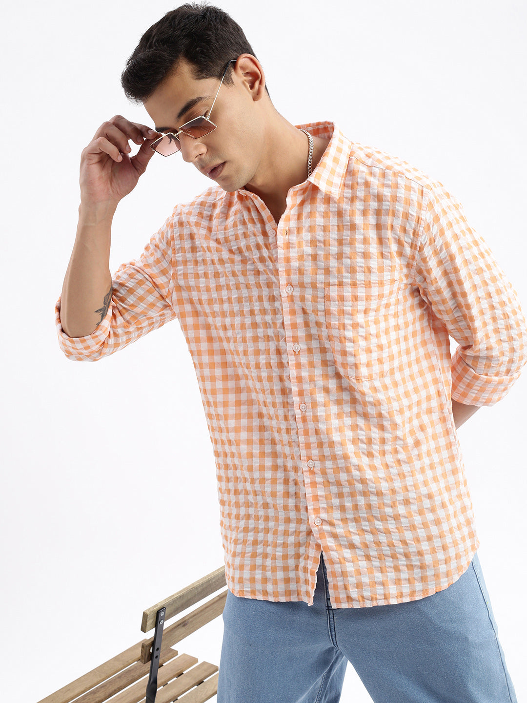 Men Spread Collar Checked Slim Fit Orange Shirt