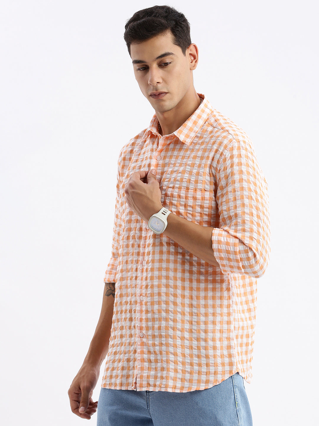 Men Spread Collar Checked Slim Fit Orange Shirt