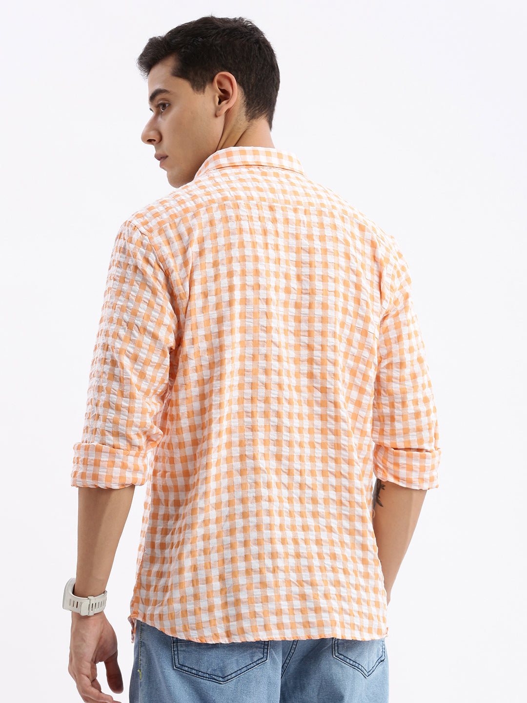 Men Spread Collar Checked Slim Fit Orange Shirt