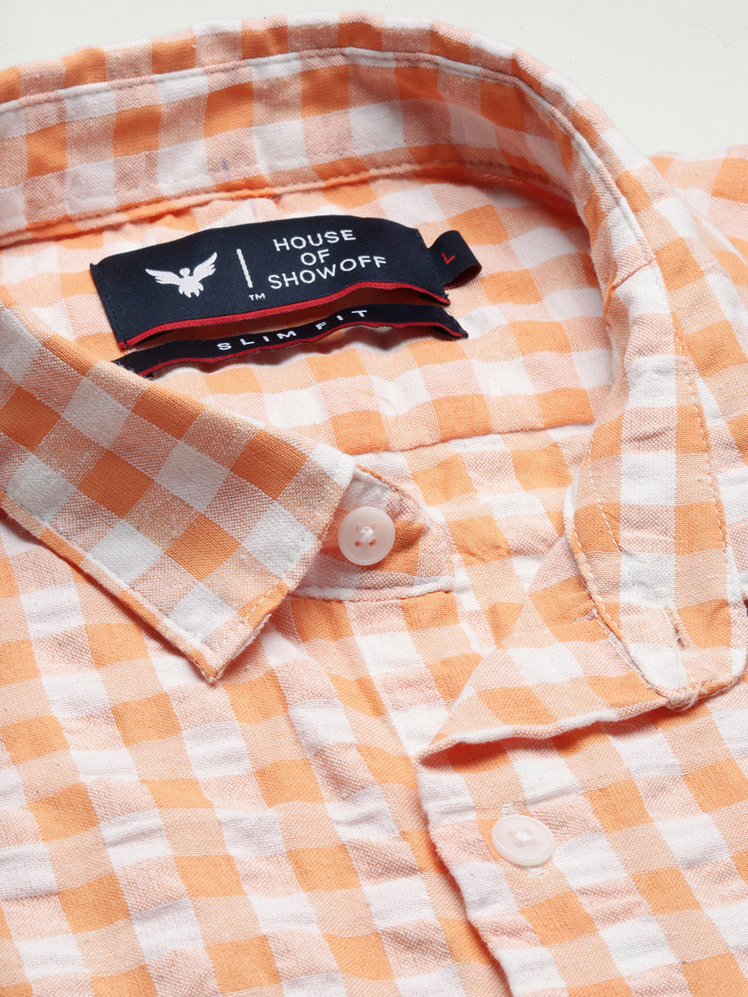 Men Spread Collar Checked Slim Fit Orange Shirt