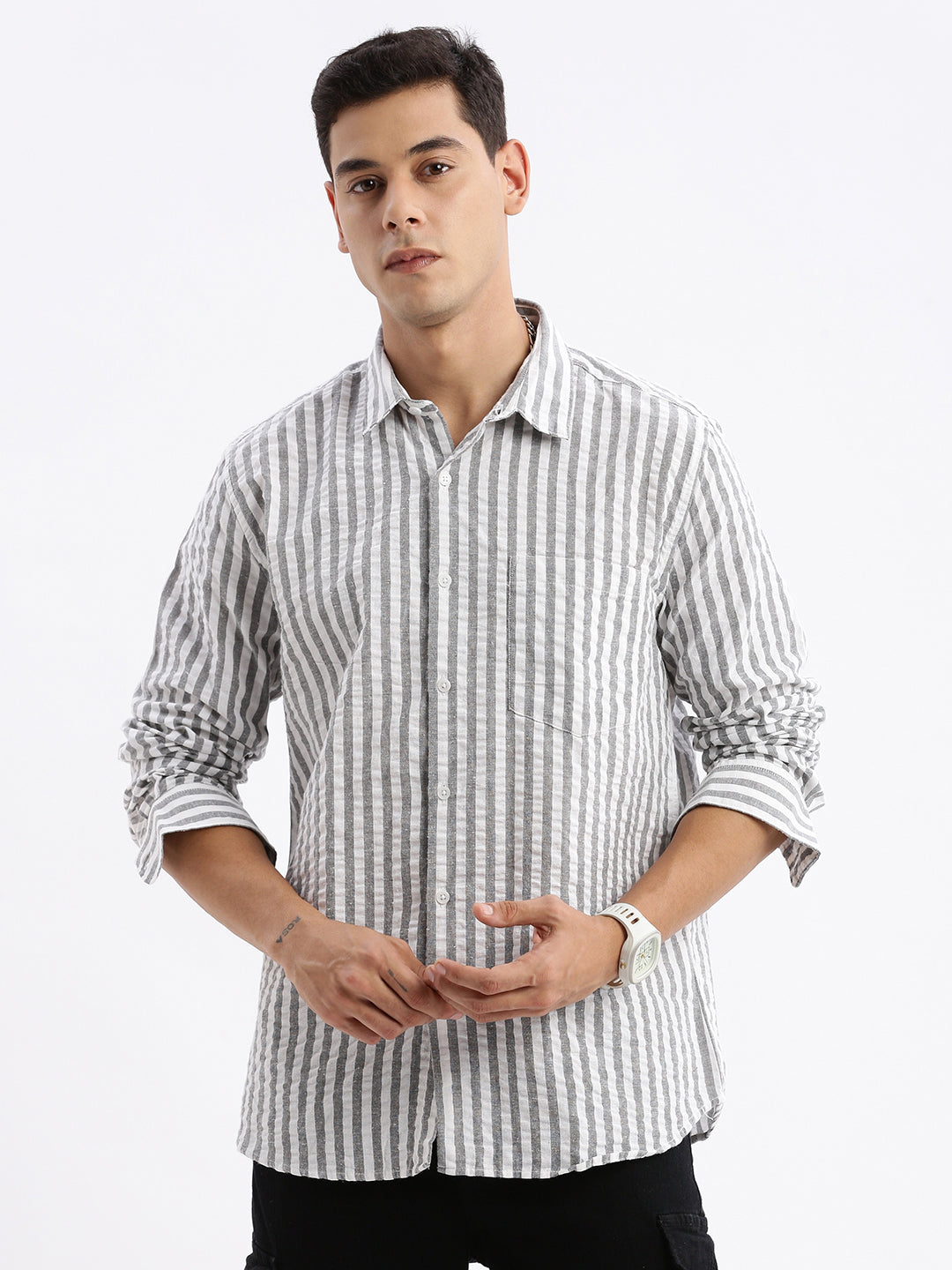 Men Spread Collar Striped Slim Fit Grey Shirt