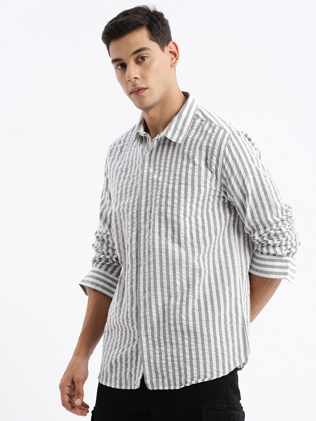 Men Spread Collar Striped Slim Fit Grey Shirt