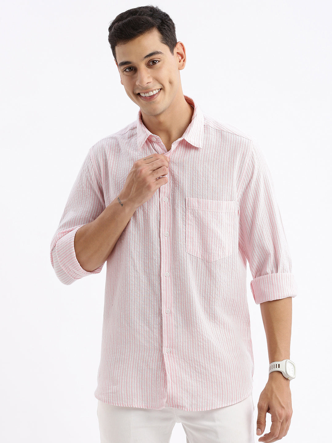 Men Spread Collar Striped Slim Fit Pink Shirt