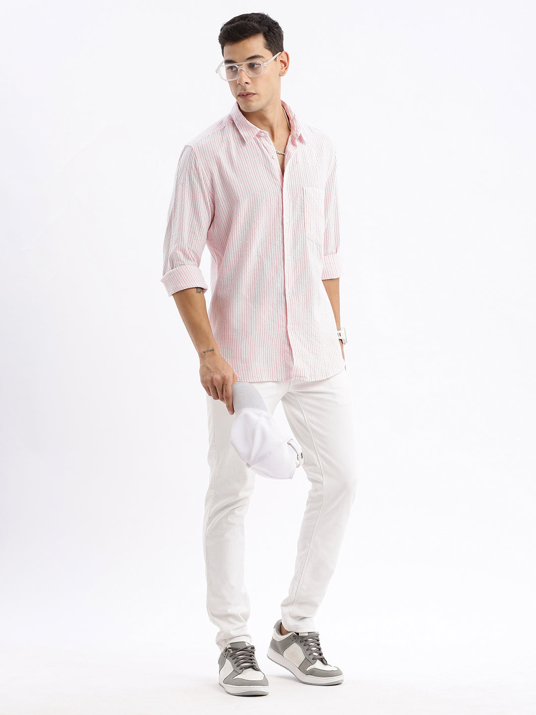 Men Spread Collar Striped Slim Fit Pink Shirt