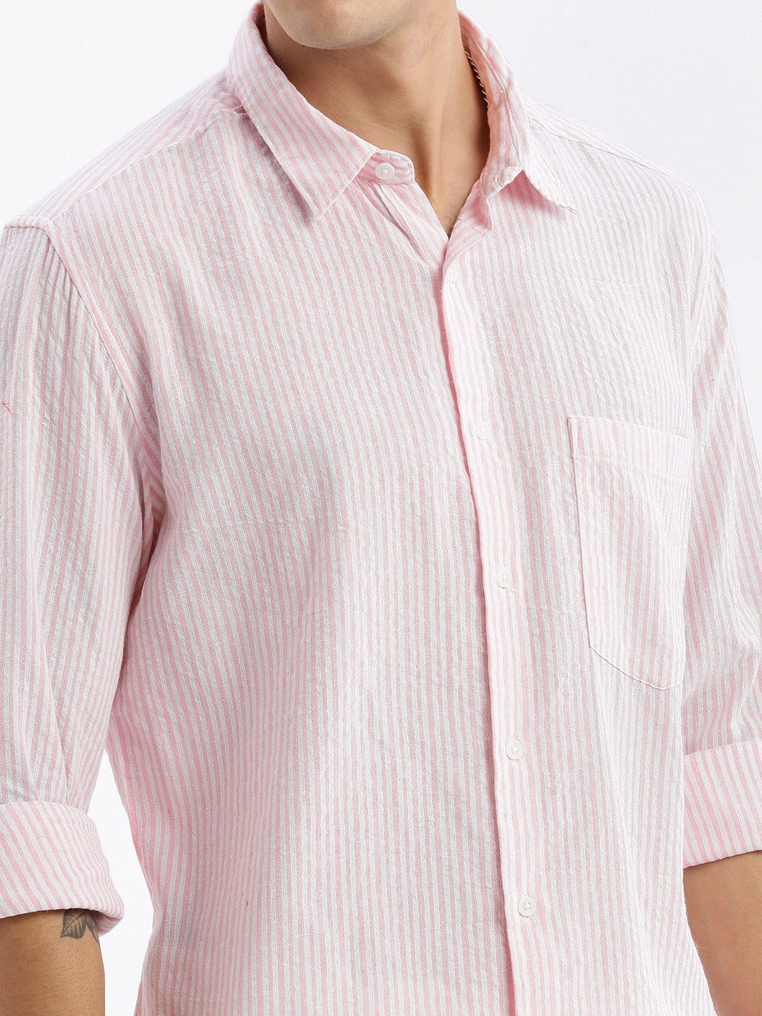 Men Spread Collar Striped Slim Fit Pink Shirt