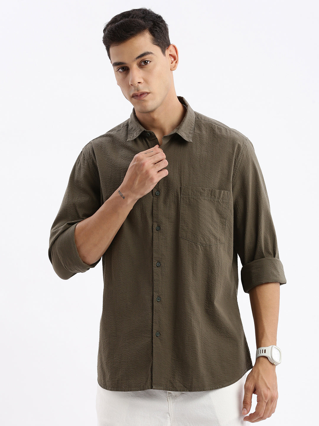 Men Spread Collar Checked Slim Fit Olive Shirt