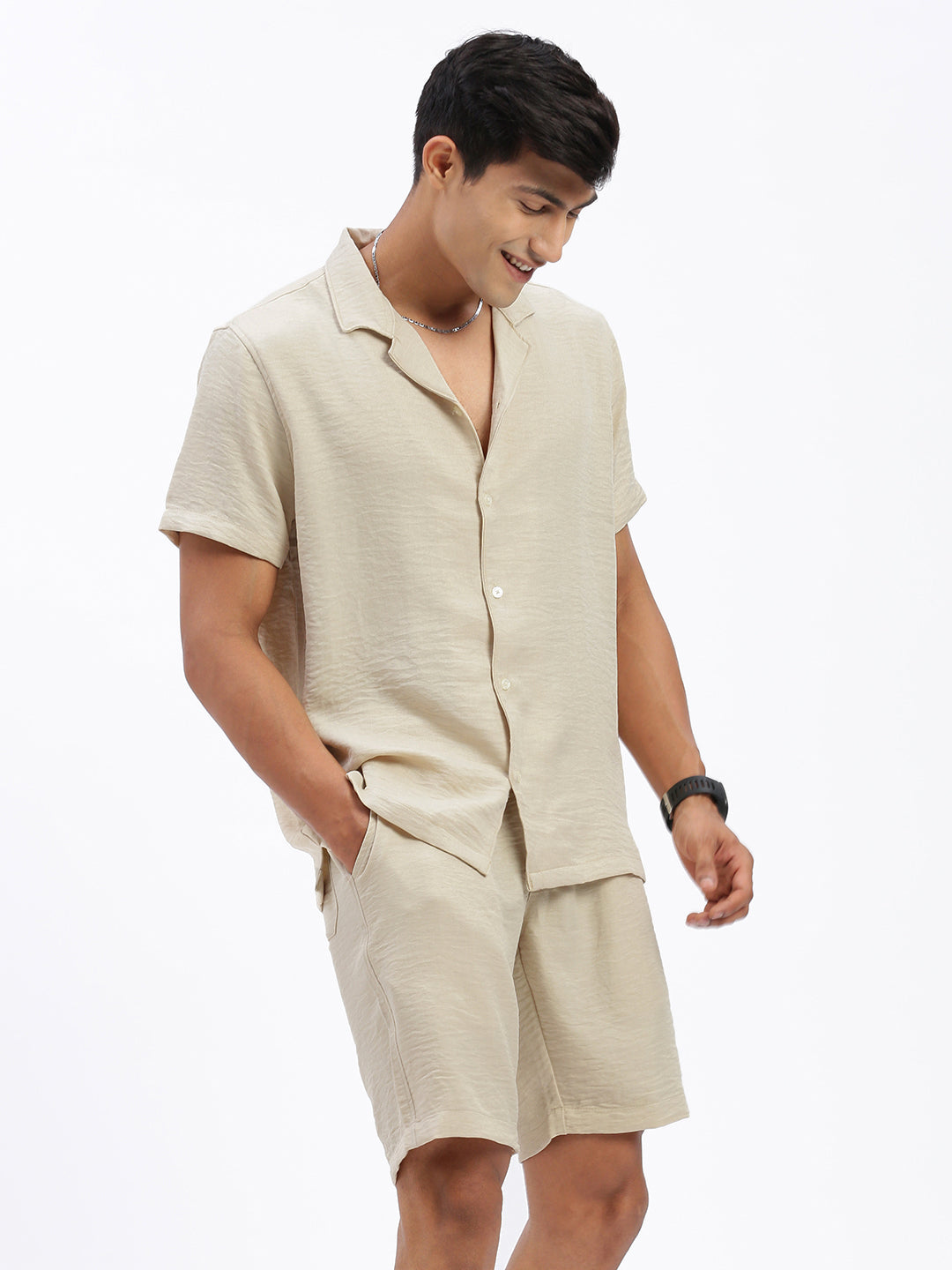 Men Solid Beige Co Ords Set