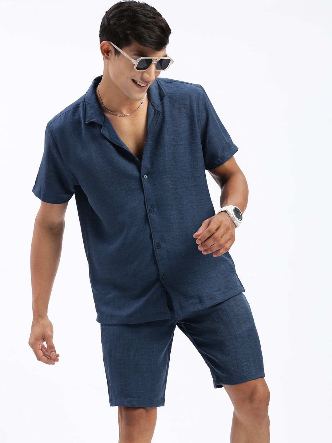 Men Solid Navy Blue Co Ords Set