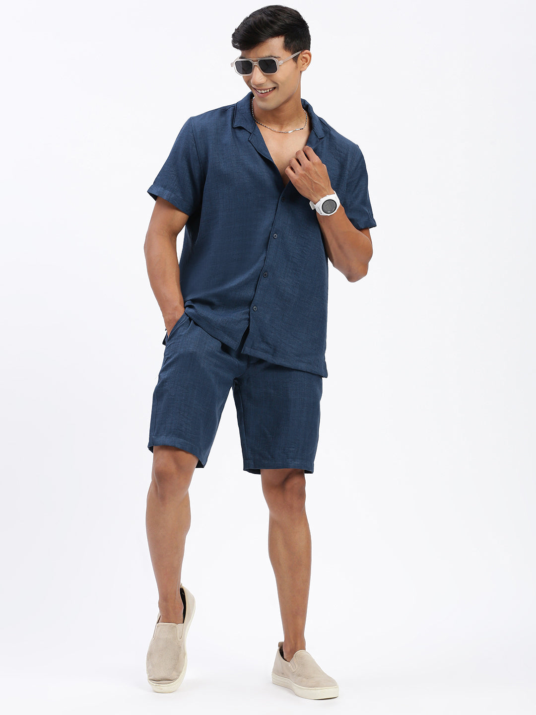 Men Solid Navy Blue Co Ords Set