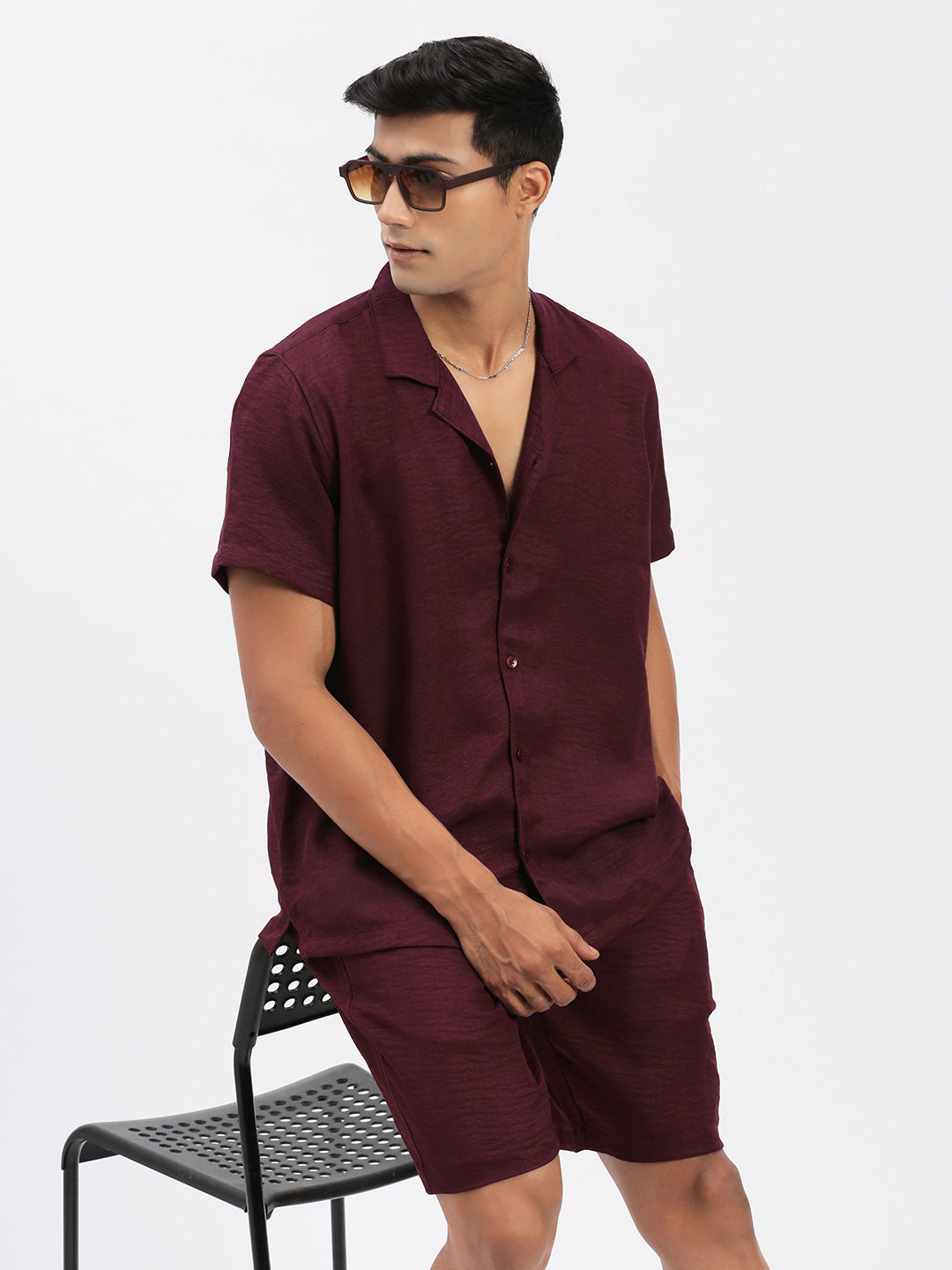 Men Solid Burgundy Co Ords Set