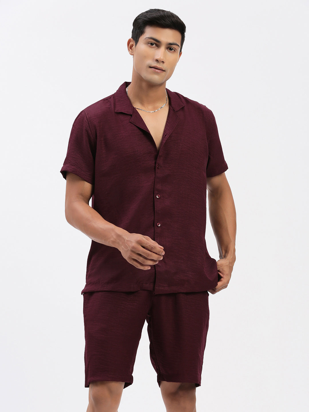 Men Solid Burgundy Co Ords Set