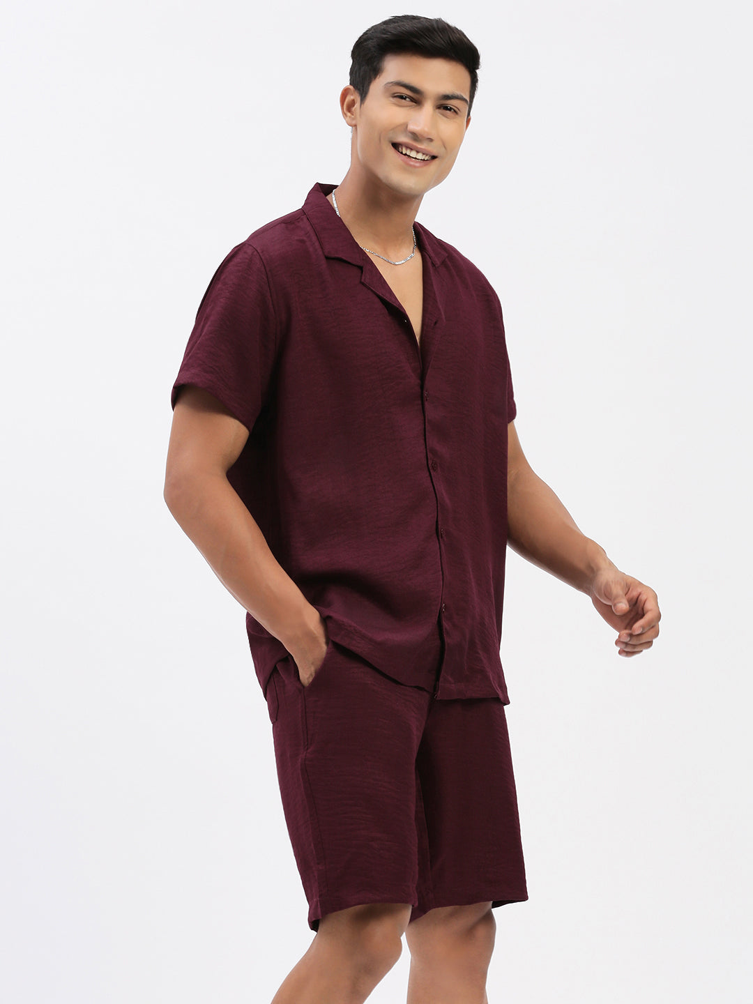 Men Solid Burgundy Co Ords Set