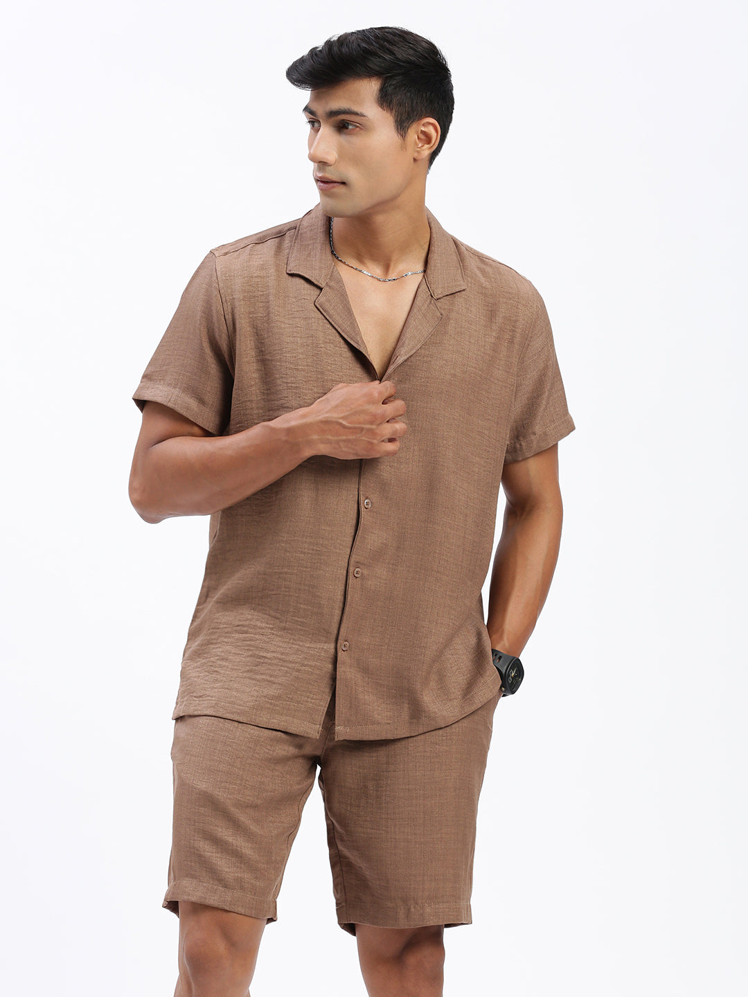 Men Solid Brown Co Ords Set