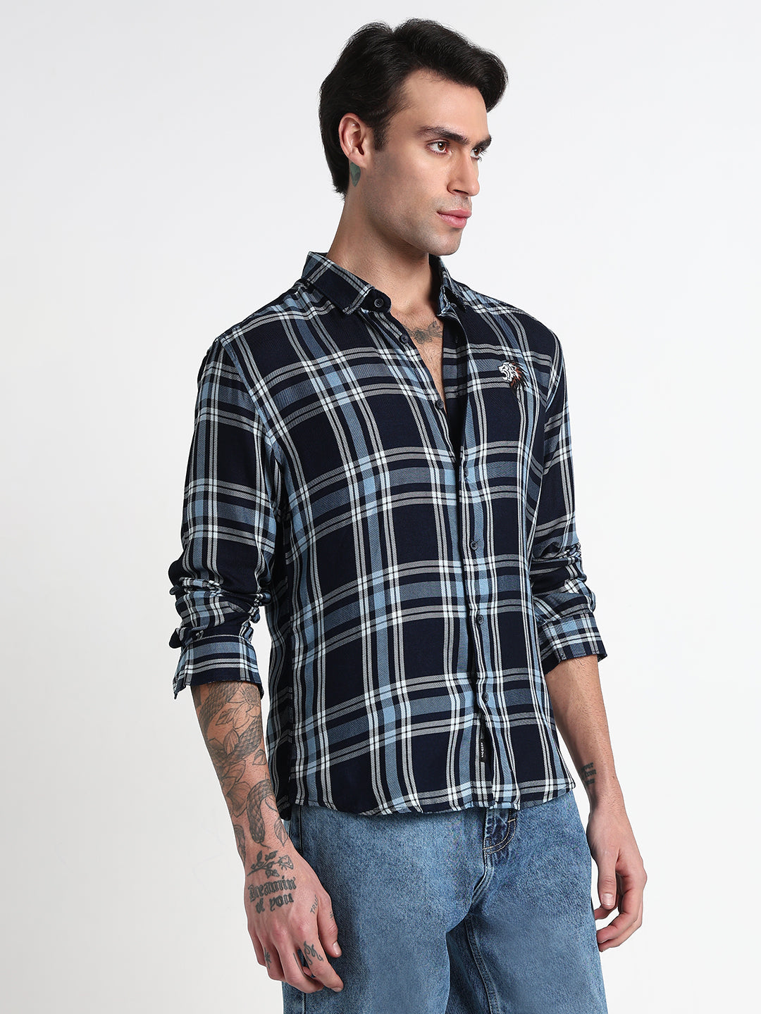 Men's Navy Blue Checked Slim Fit Casual Shirt