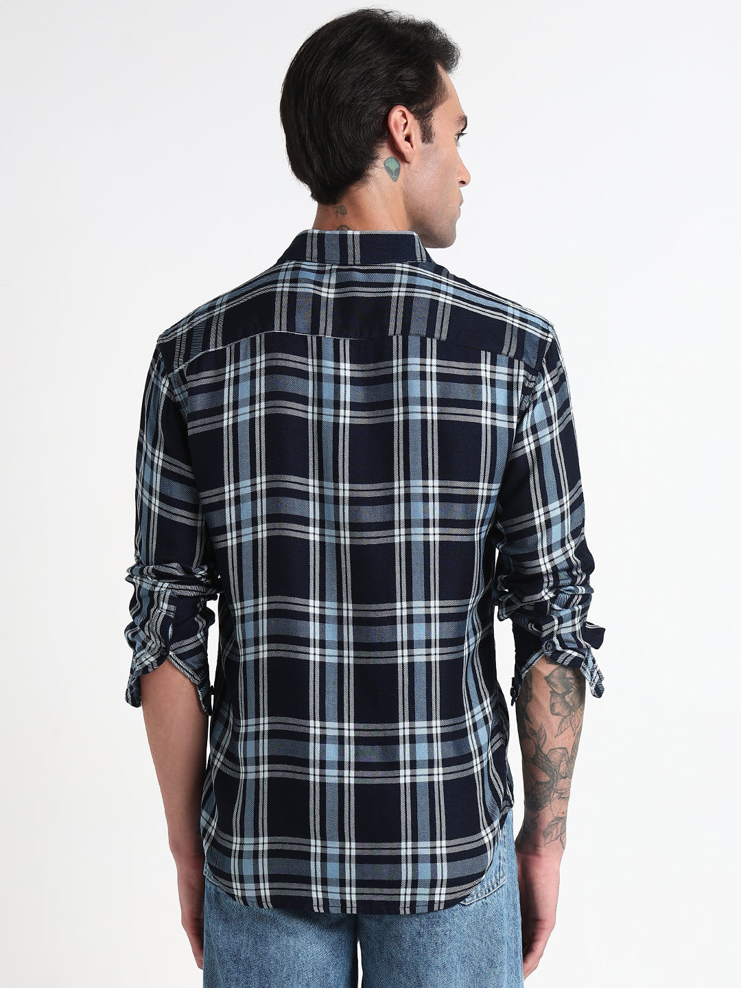 Men's Navy Blue Checked Slim Fit Casual Shirt